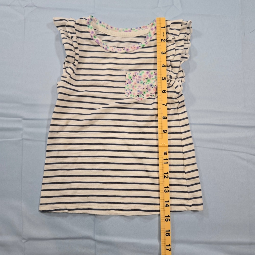 Cherokee Toddler Girls Striped Flutter Sleeve Shirt Floral Pocket Blue White 3T - Picture 7 of 8